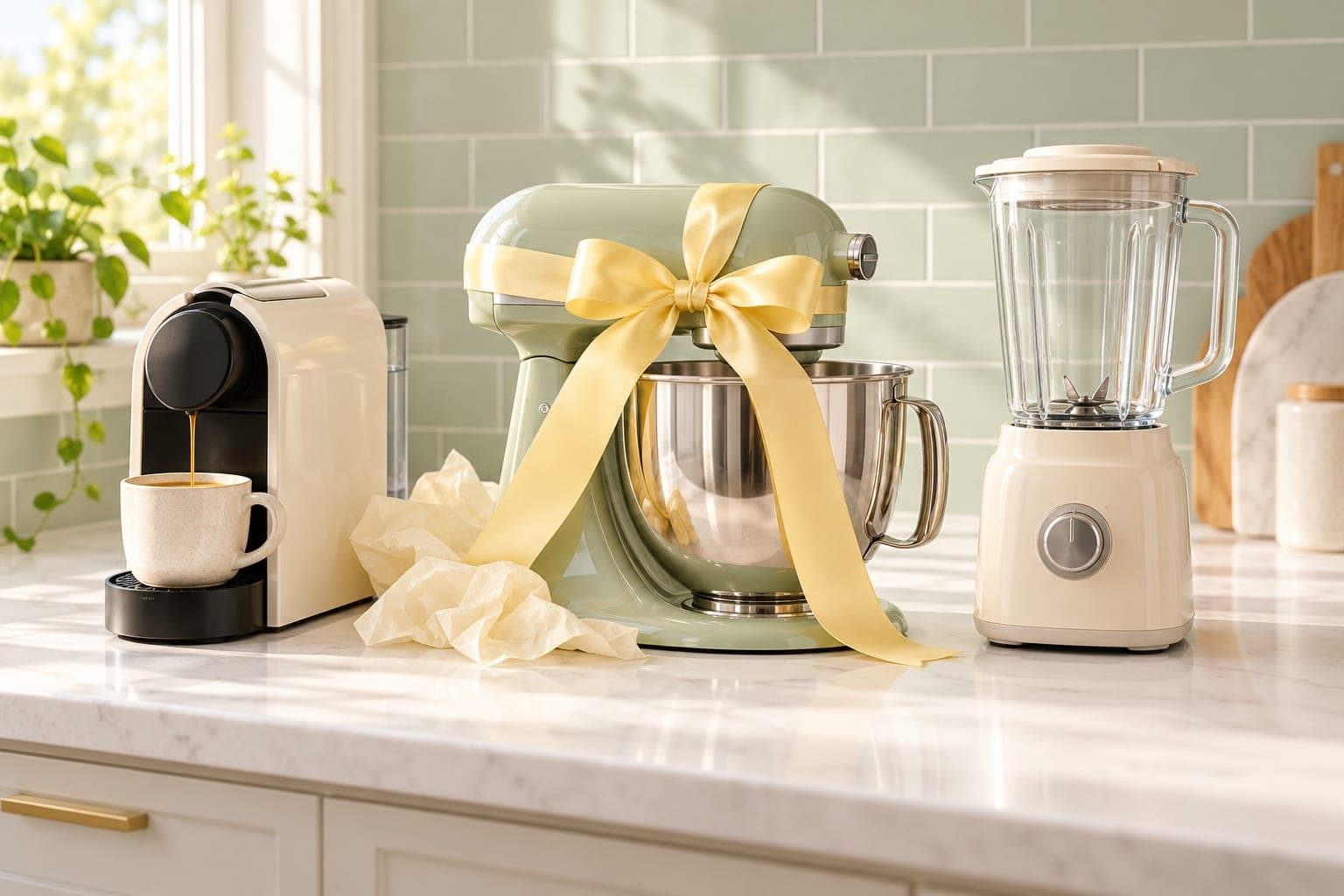 A sage stand mixer tied with a butter yellow satin bow, a cream pod coffee machine pouring into one cup and a cream blender on a white marble kitchen counter in morning light