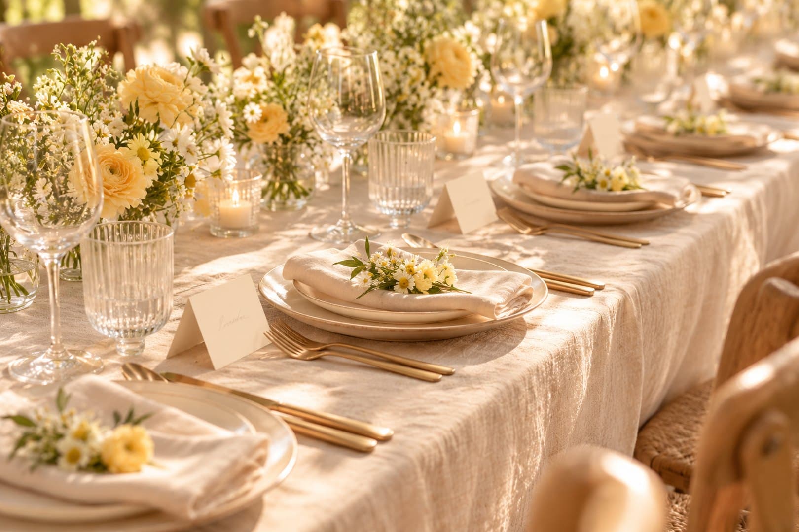 A reception table set with linen napkins and a row of small cream place cards, with a sprig of butter-yellow and white flowers in soft afternoon light