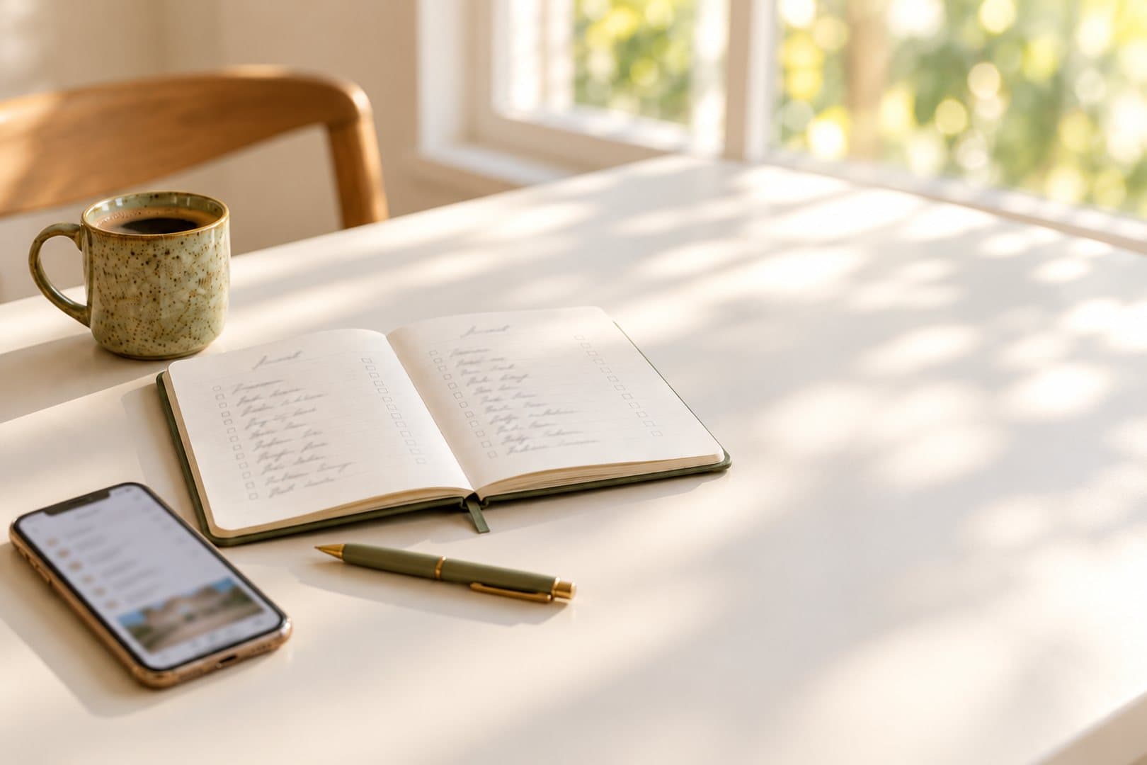 An open notebook with a handwritten list of names on a white desk in soft morning window light, with one mug of coffee, a pen and a phone
