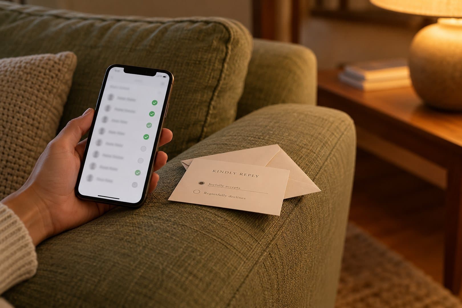 A hand holding a phone showing a list of guest replies with green check marks, above a printed reply card and envelope on the arm of a sage sofa in lamp light