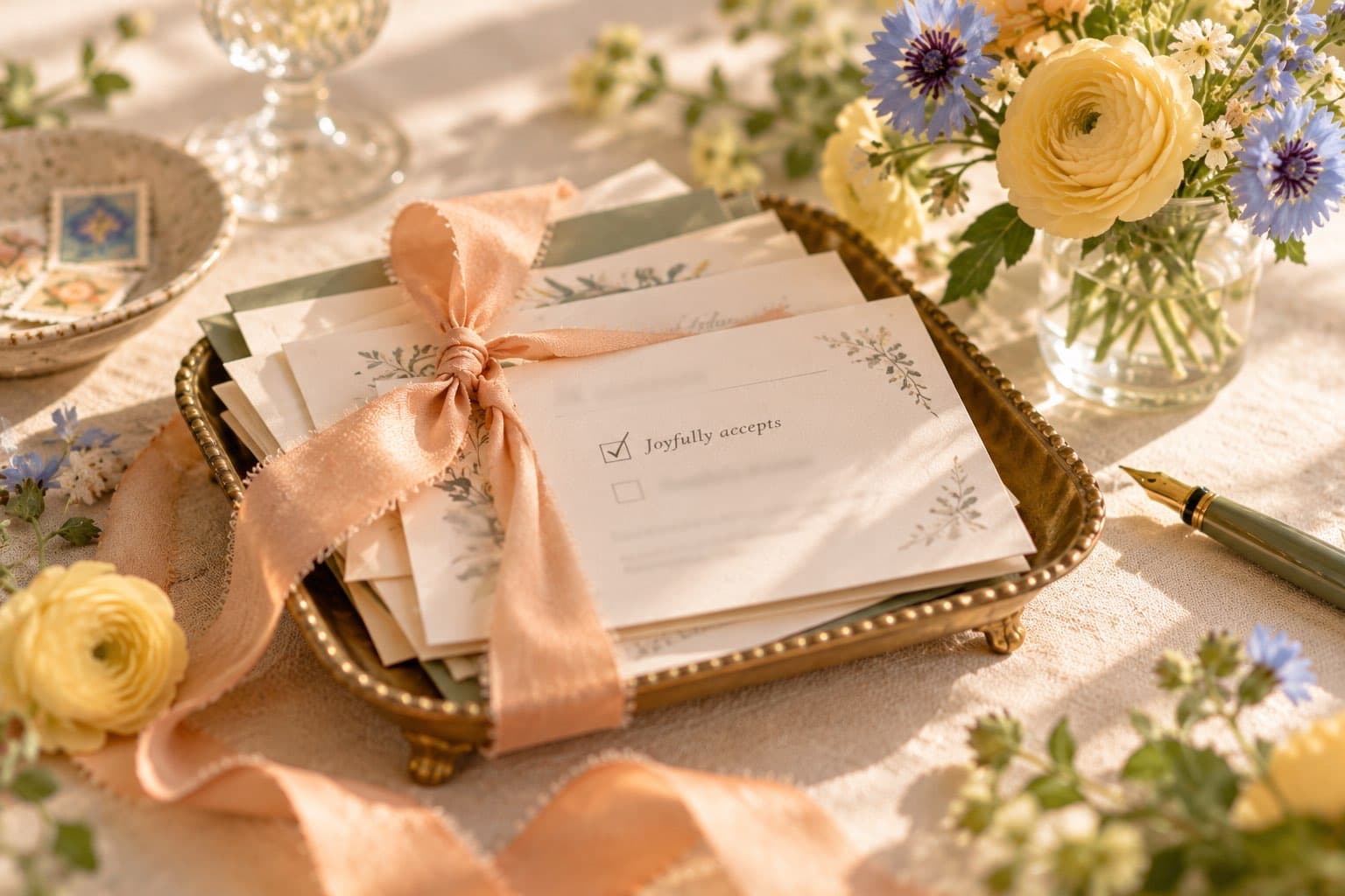 A stack of returned wedding reply cards in a brass tray, the top one ticked "Joyfully accepts", tied with peach ribbon beside yellow ranunculus and cornflowers