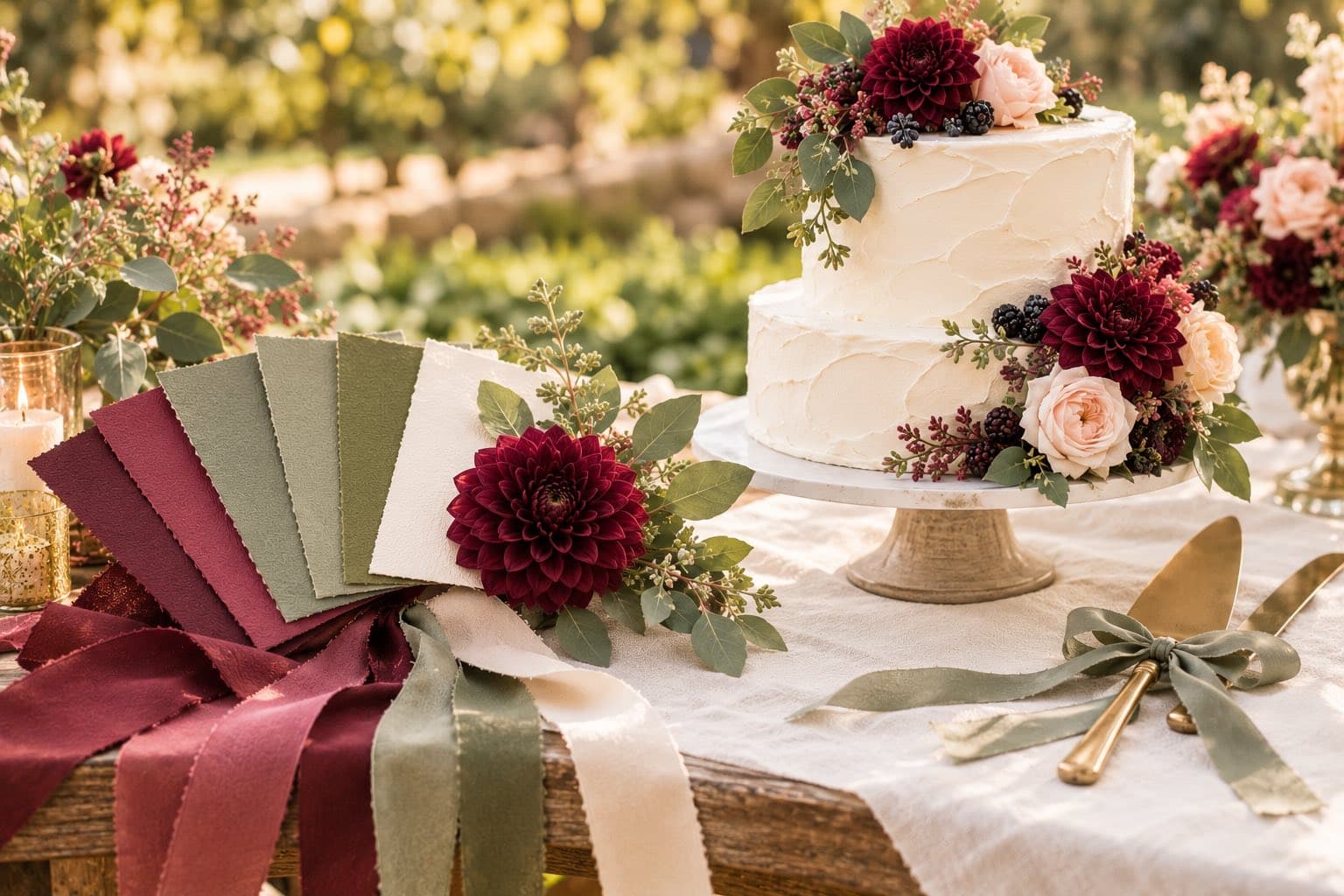 Berry, raspberry, sage, olive and cream swatches with matching ribbons and a dahlia, beside a wedding cake dressed with berries and eucalyptus