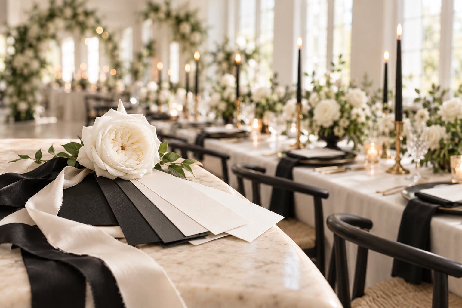 Black, charcoal, white and ivory swatches with matching ribbons and a white rose, in front of a candlelit reception table with black tapers