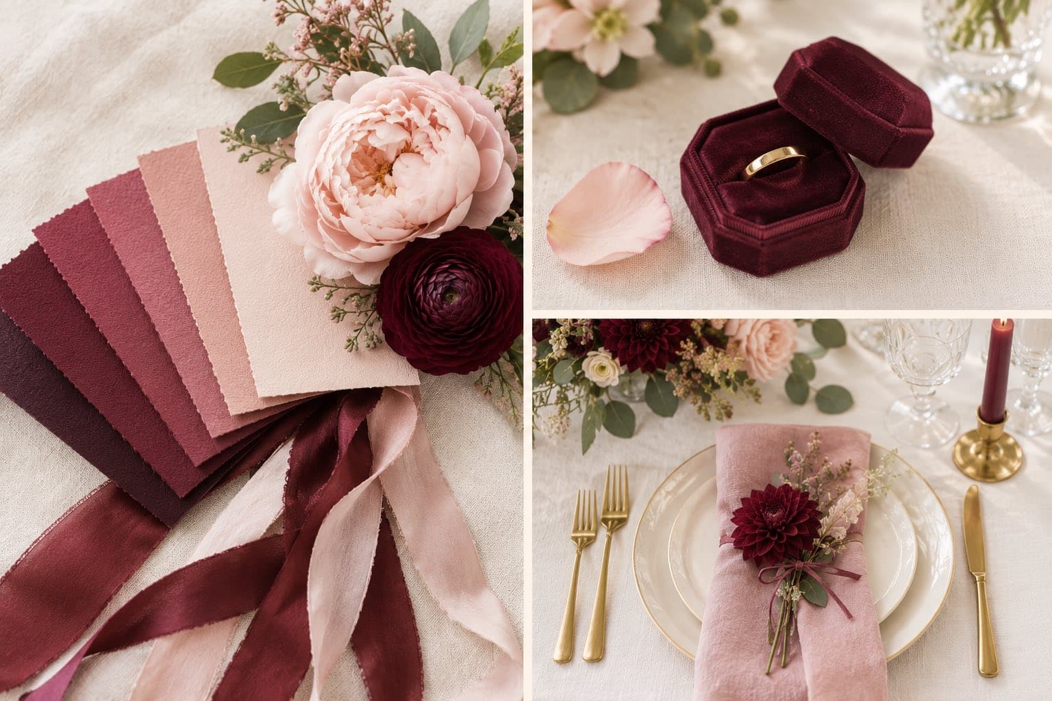 Three photos: burgundy, wine and blush swatches with ribbons and a peony, a burgundy velvet ring box, and a place setting with a blush napkin and a red taper candle