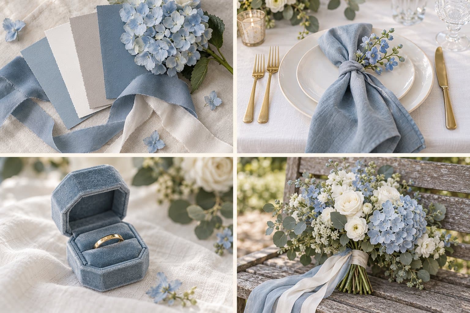 Four photos: dusty blue, white and gray swatches with ribbons and hydrangea, a place setting with a blue napkin, a blue velvet ring box, and a blue and white bouquet on a bench