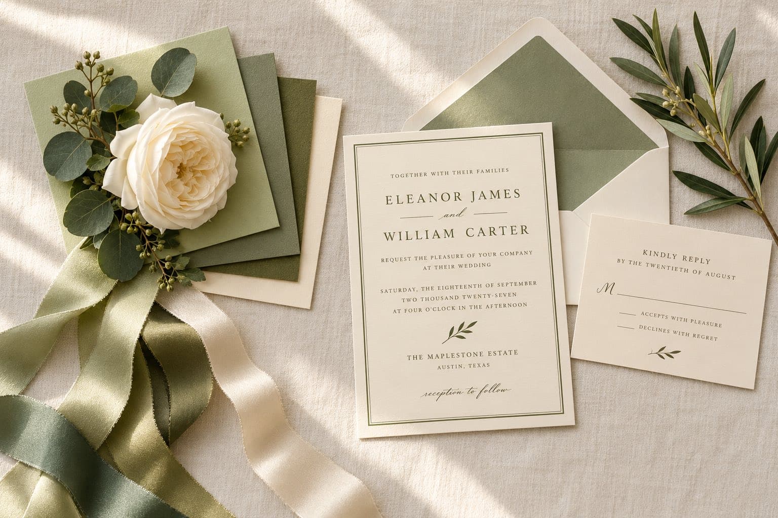 Celery, sage, olive and ivory swatches with matching ribbons under a white garden rose, beside an ivory wedding invitation suite with a sage envelope