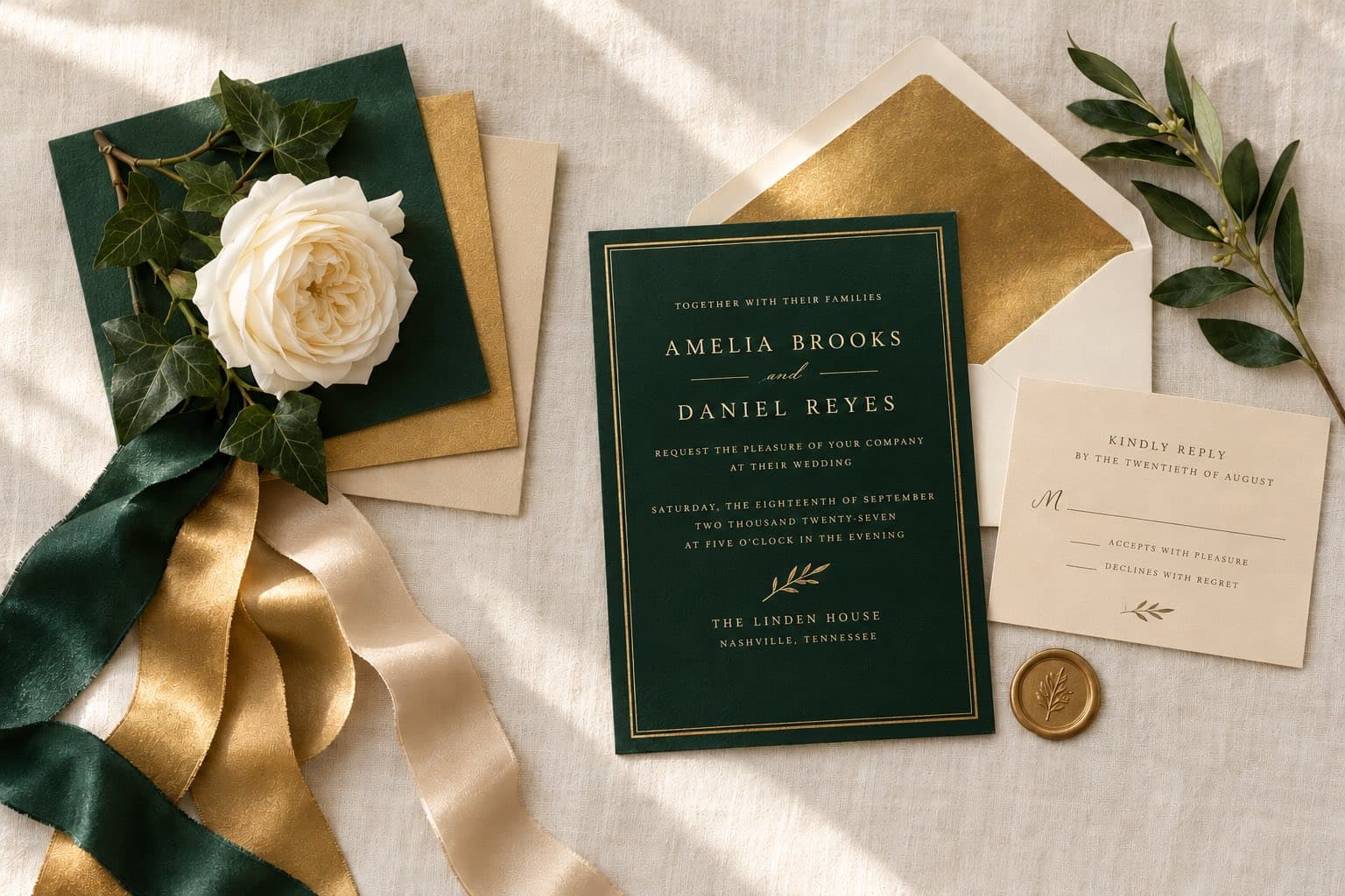 Deep green, gold and champagne swatches with matching ribbons, a white rose and ivy, beside a deep green invitation with a gold border and a gold wax seal