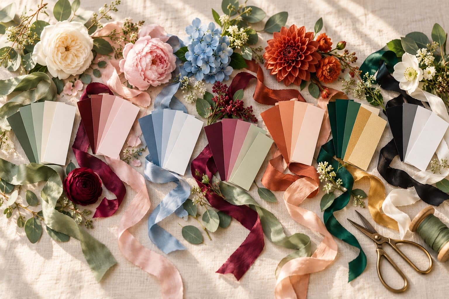 Seven fans of wedding color swatches, from sage and ivory to black and white, with matching silk ribbons, garden roses, a peony, hydrangea and a dahlia on cream linen