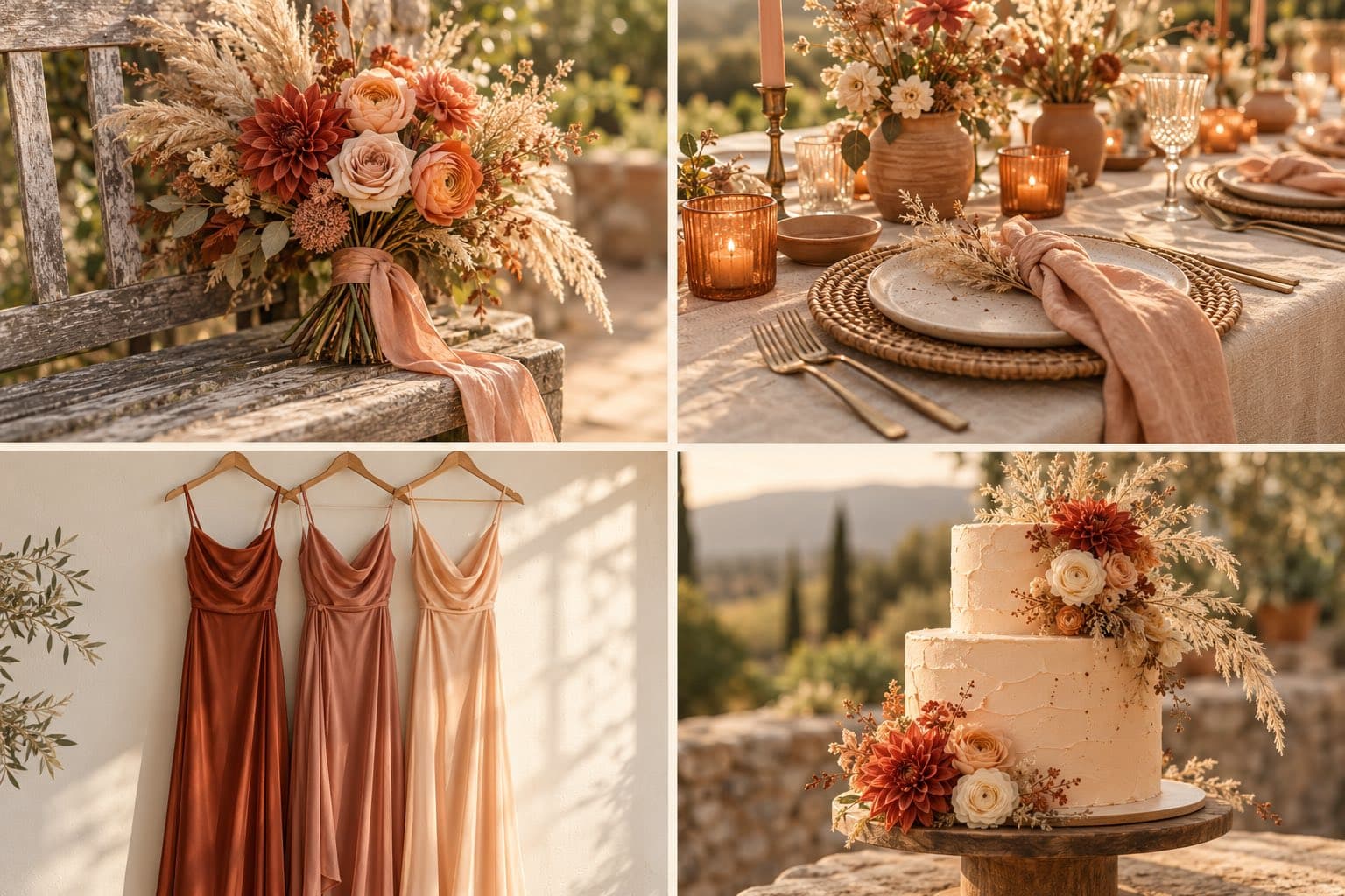 A rust and peach bouquet with pampas grass on a bench, a table with clay vessels and terracotta candles, three satin bridesmaid dresses in terracotta, dusty rose and peach, and a peach buttercream cake with rust flowers