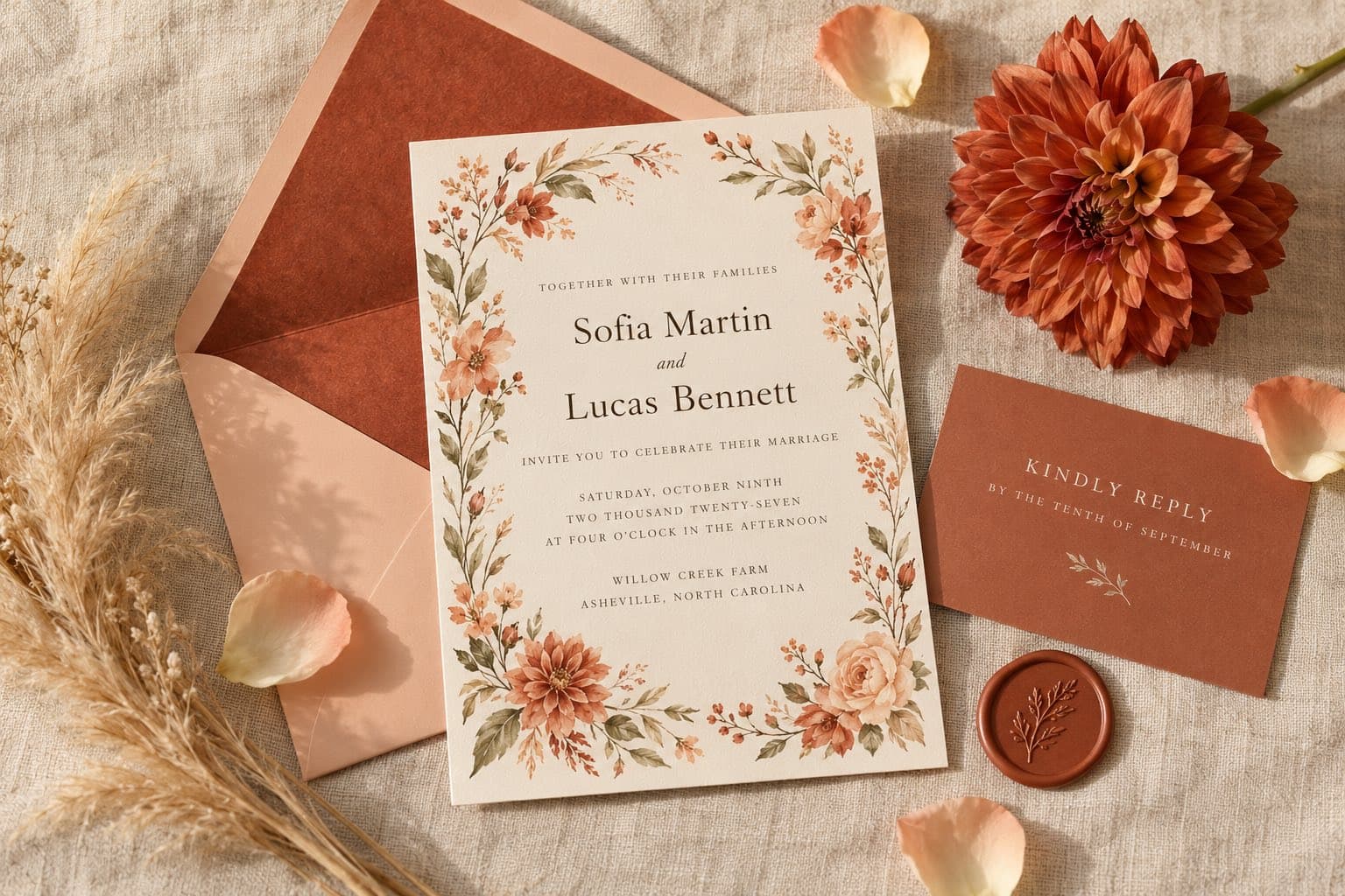 A cream wedding invitation with a terracotta and peach floral border, a peach envelope with a rust liner, a reply card and a rust wax seal