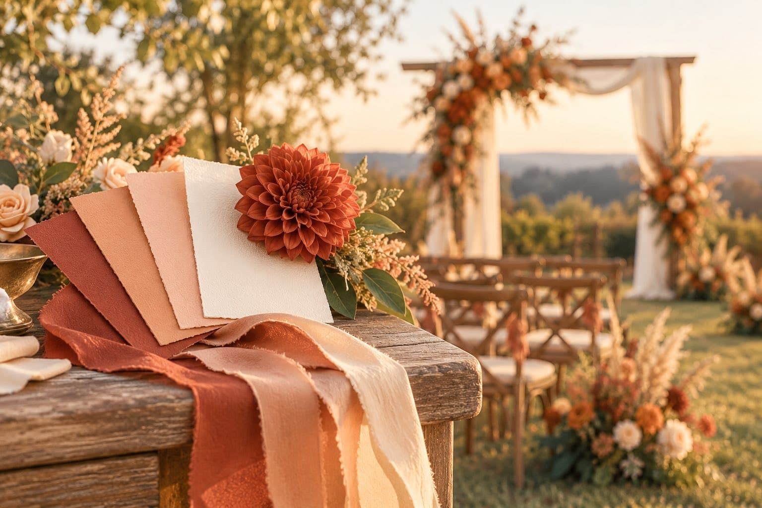 Terracotta, peach and cream swatches with matching ribbons and a rust dahlia, in front of a ceremony arch with terracotta florals at golden hour