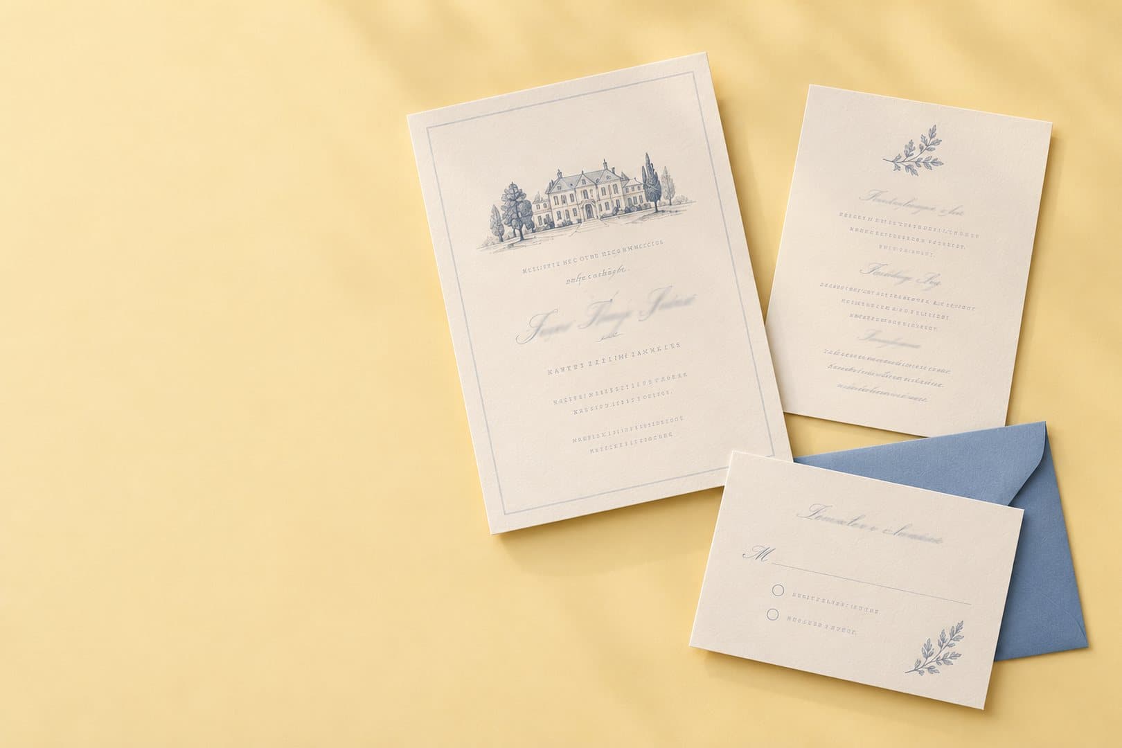 A cream wedding invitation suite with a details card, reply card and cornflower blue envelope laid out on a butter yellow background