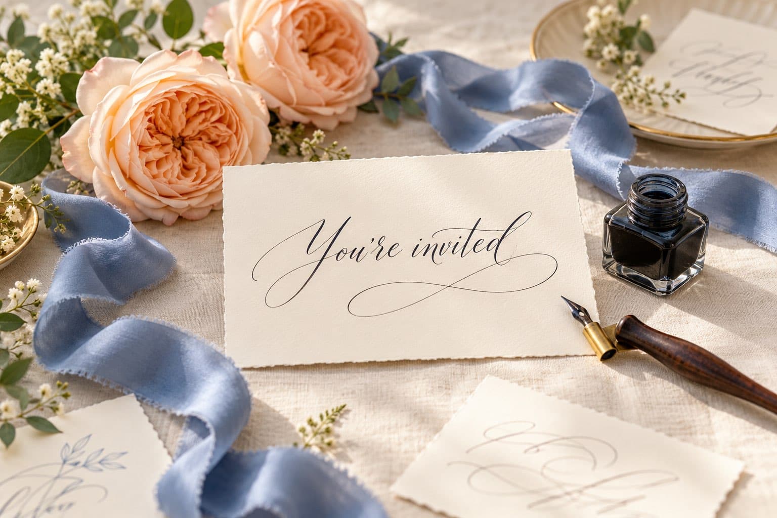 A cream card hand-lettered "You're invited" in black calligraphy, with an ink bottle, a calligraphy pen, cornflower blue ribbon and peach roses