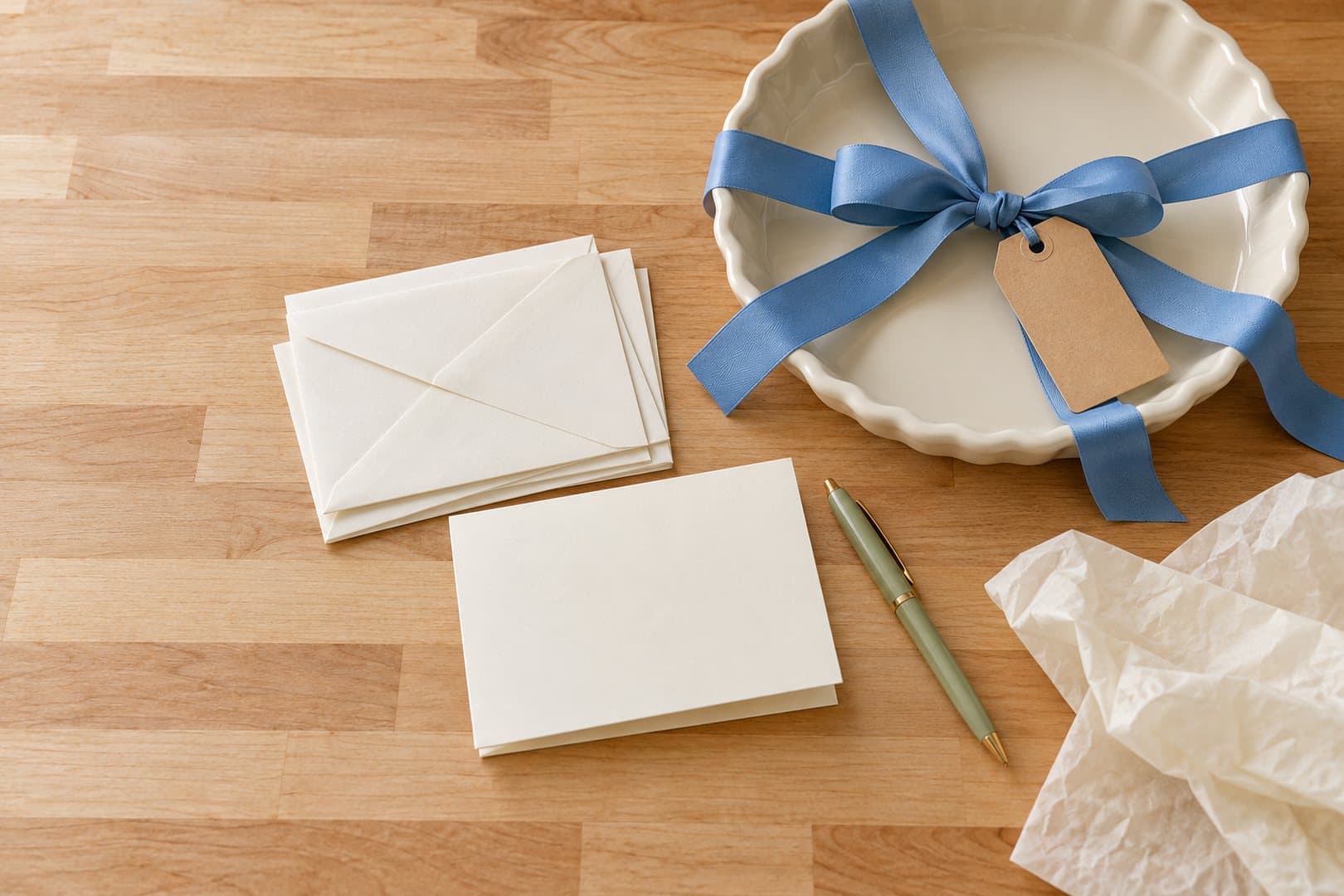A cream pie dish tied with cornflower blue ribbon and a kraft gift tag, beside blank thank you cards, envelopes, a sage pen and tissue paper on a butcher block counter