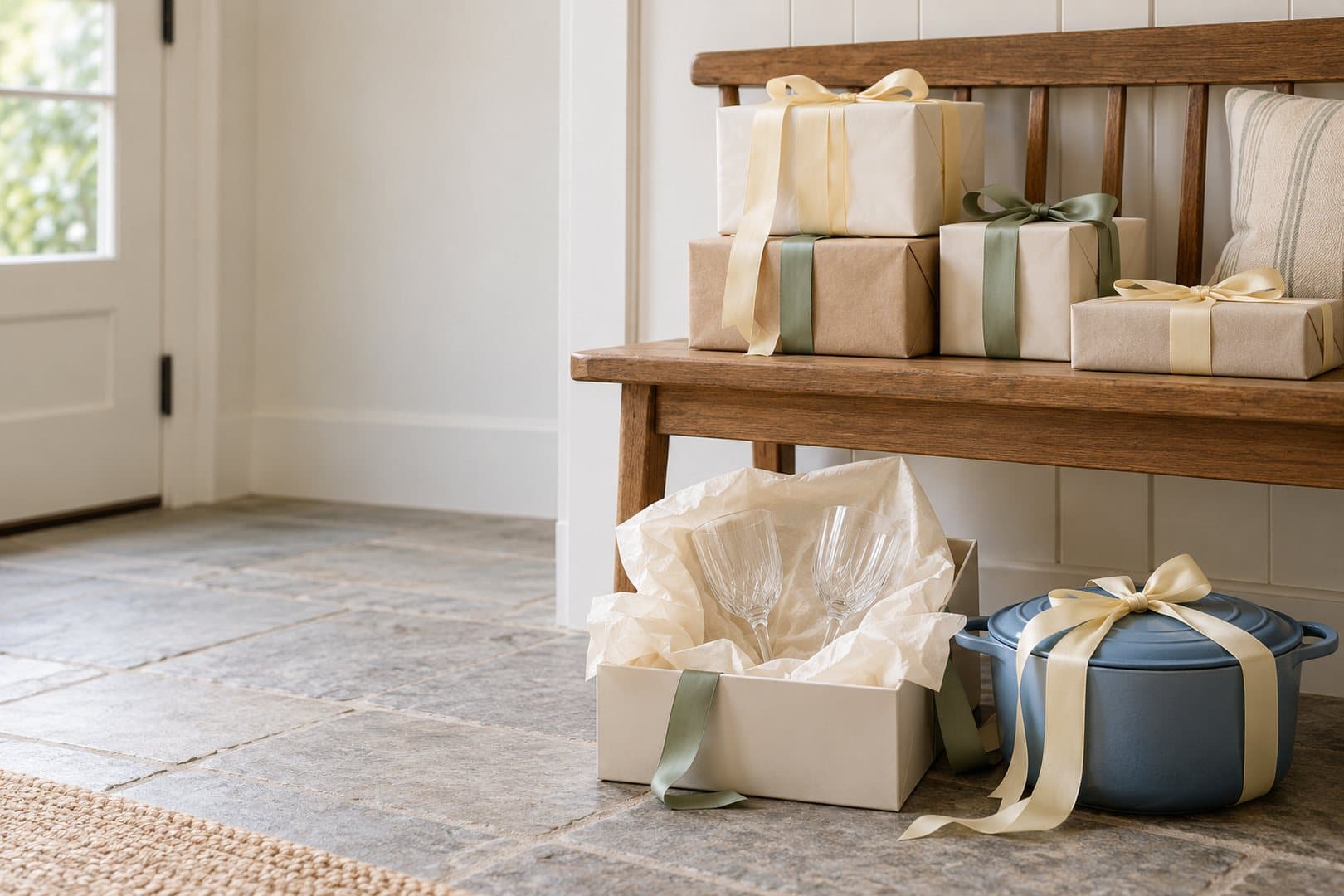 Wrapped wedding gifts with butter yellow and sage ribbons on an entryway bench, an open box of wine glasses in tissue paper and a blue Dutch oven tied with a bow