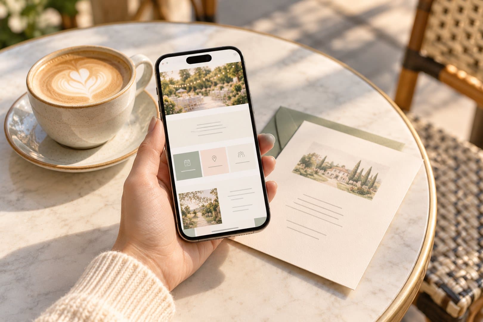 A hand holding a phone showing a wedding website with a garden photo, beside a latte and a printed invitation on a cafe table