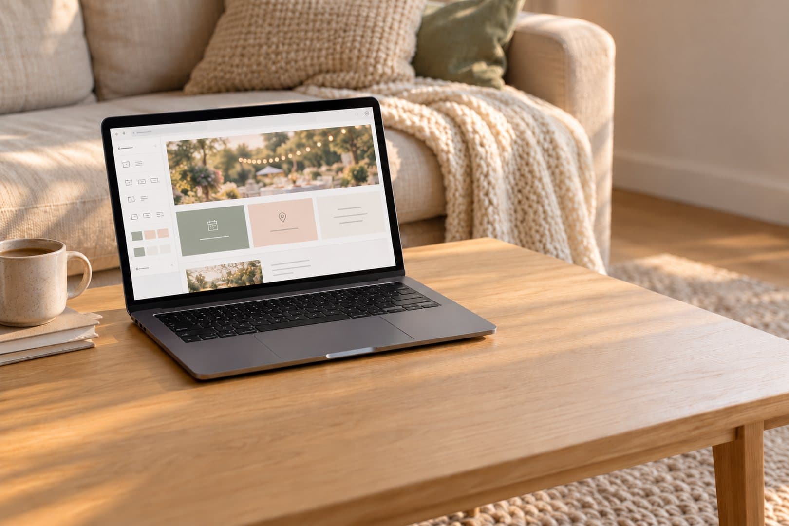 A laptop on a coffee table showing a wedding website being built, with a garden photo banner and sage and peach sections, beside a mug in afternoon light