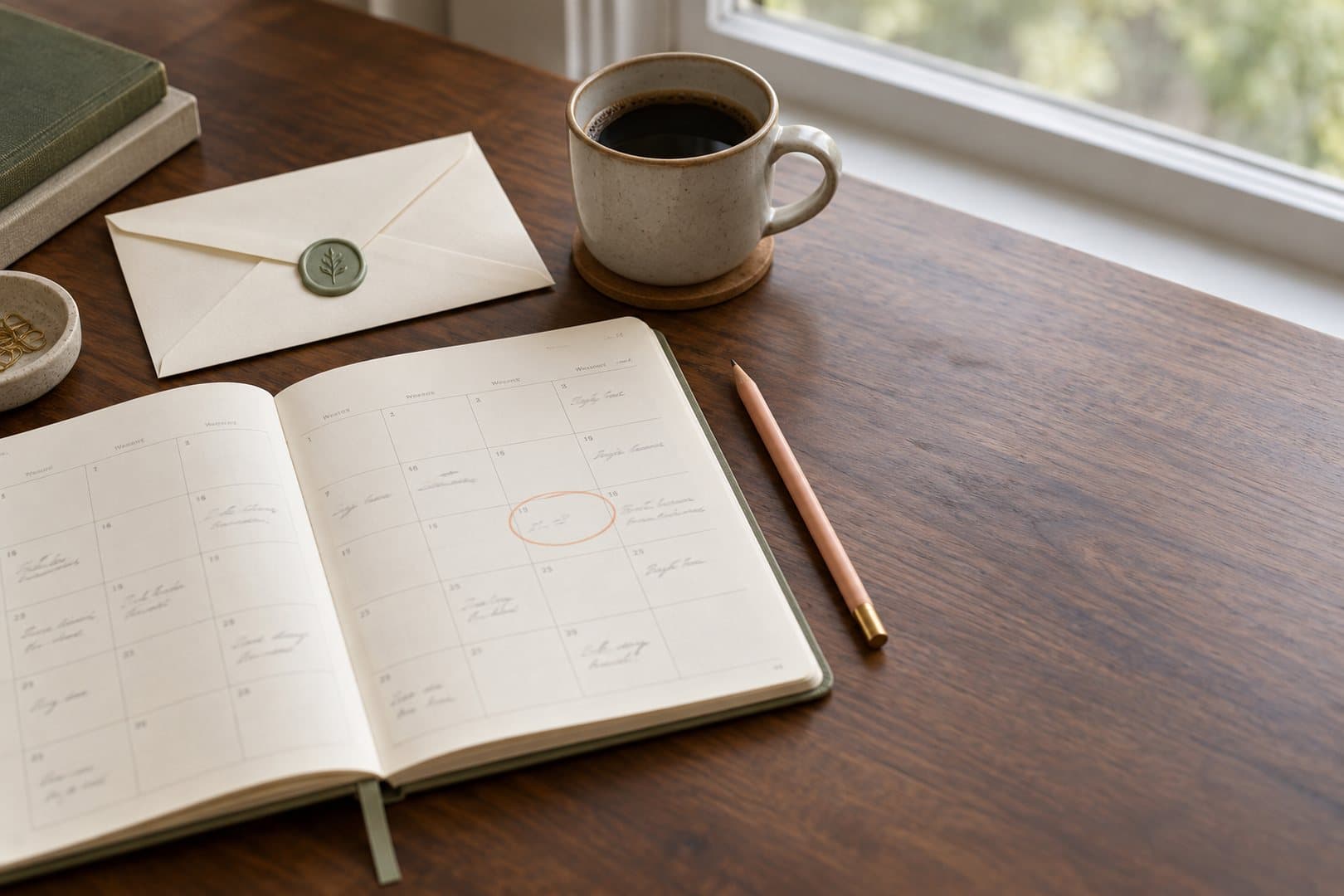 An open month planner with one date circled in peach on a walnut desk by a window, with a pencil, a cup of coffee and a cream envelope with a sage wax seal