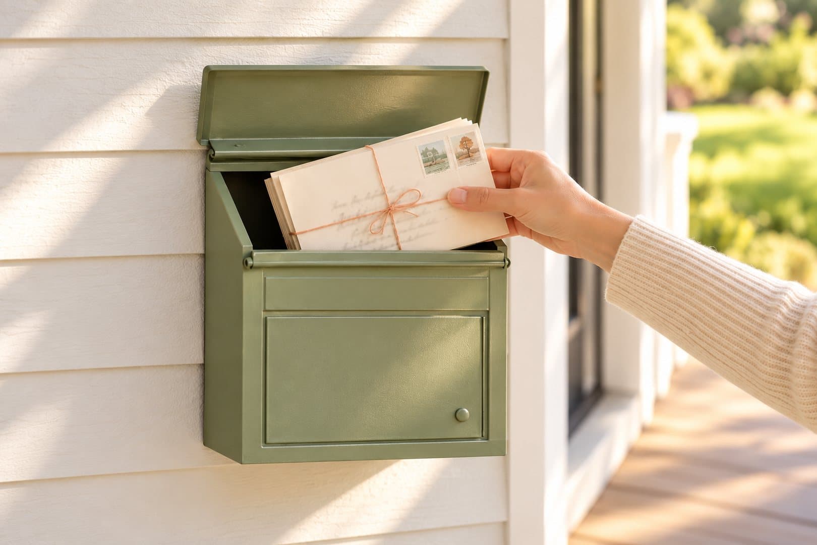 A hand reaching in from the side to post a bundle of stamped cream envelopes, tied with peach string, into a sage green mailbox on a sunny front porch