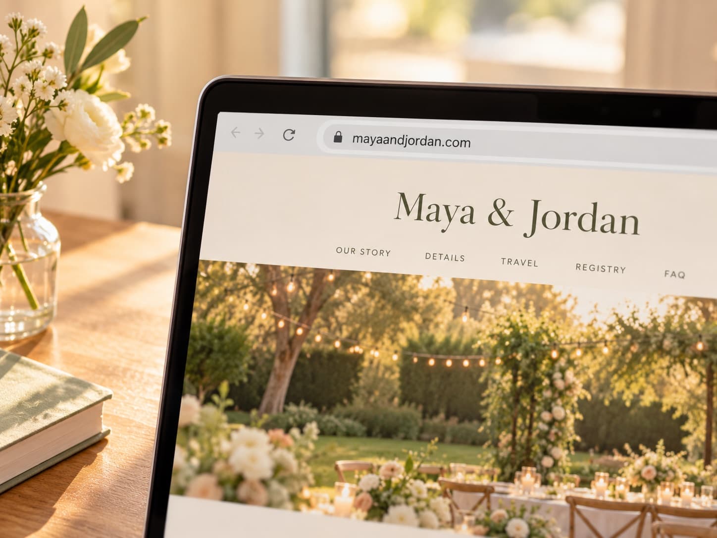 A computer screen with a wedding website open at mayaandjordan.com