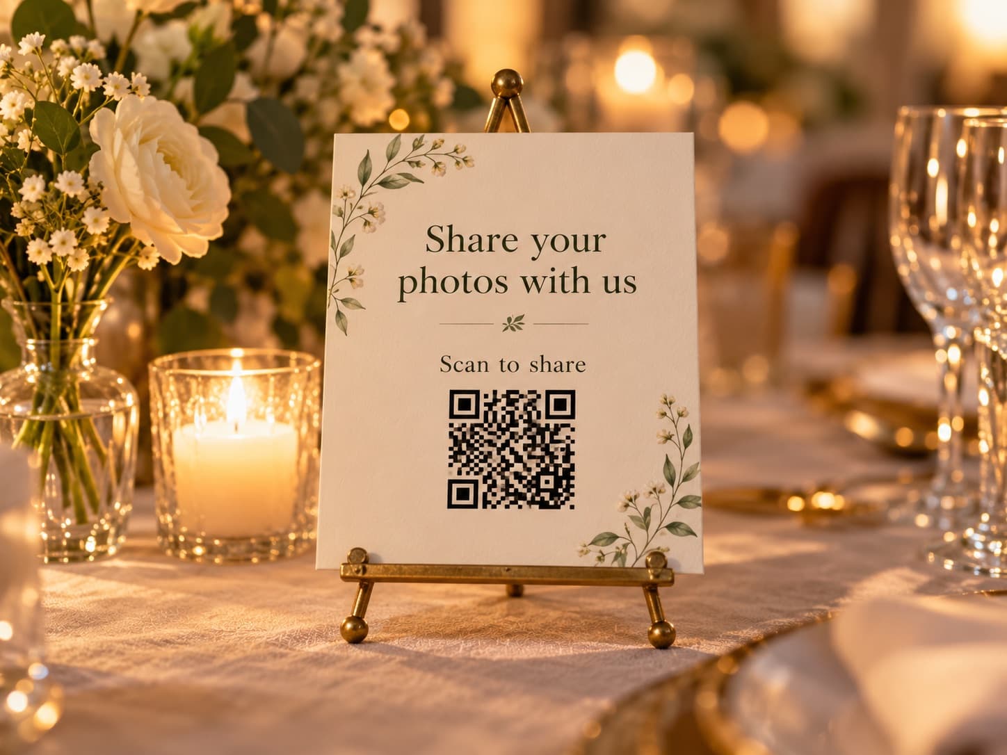 A card on a small easel at a reception table asking guests to scan a QR code to share their photos