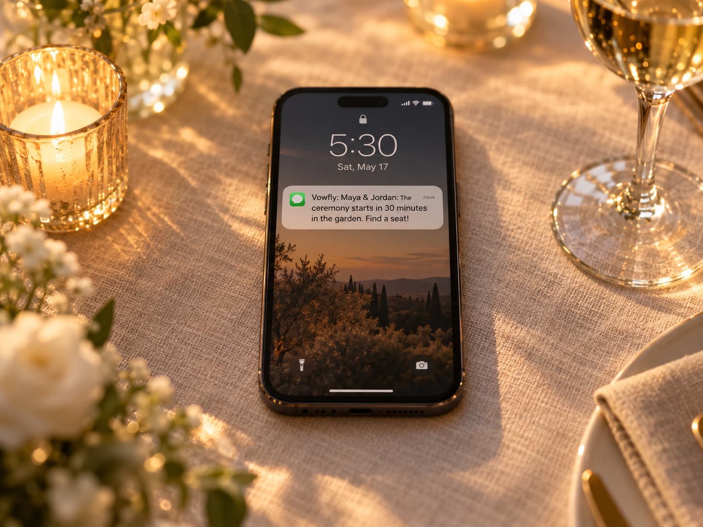 A phone on a reception table showing a text from the couple that the ceremony starts soon