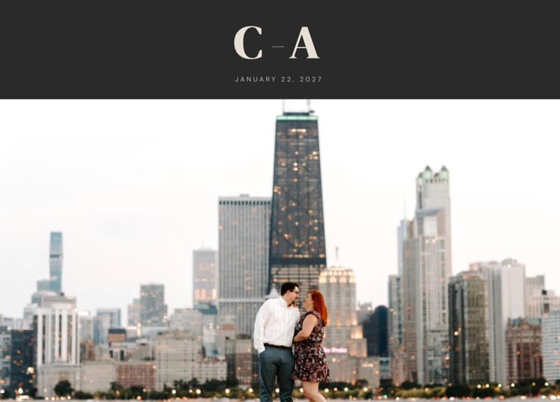 Wedding site designed for a Chicago destination wedding with urban skyline