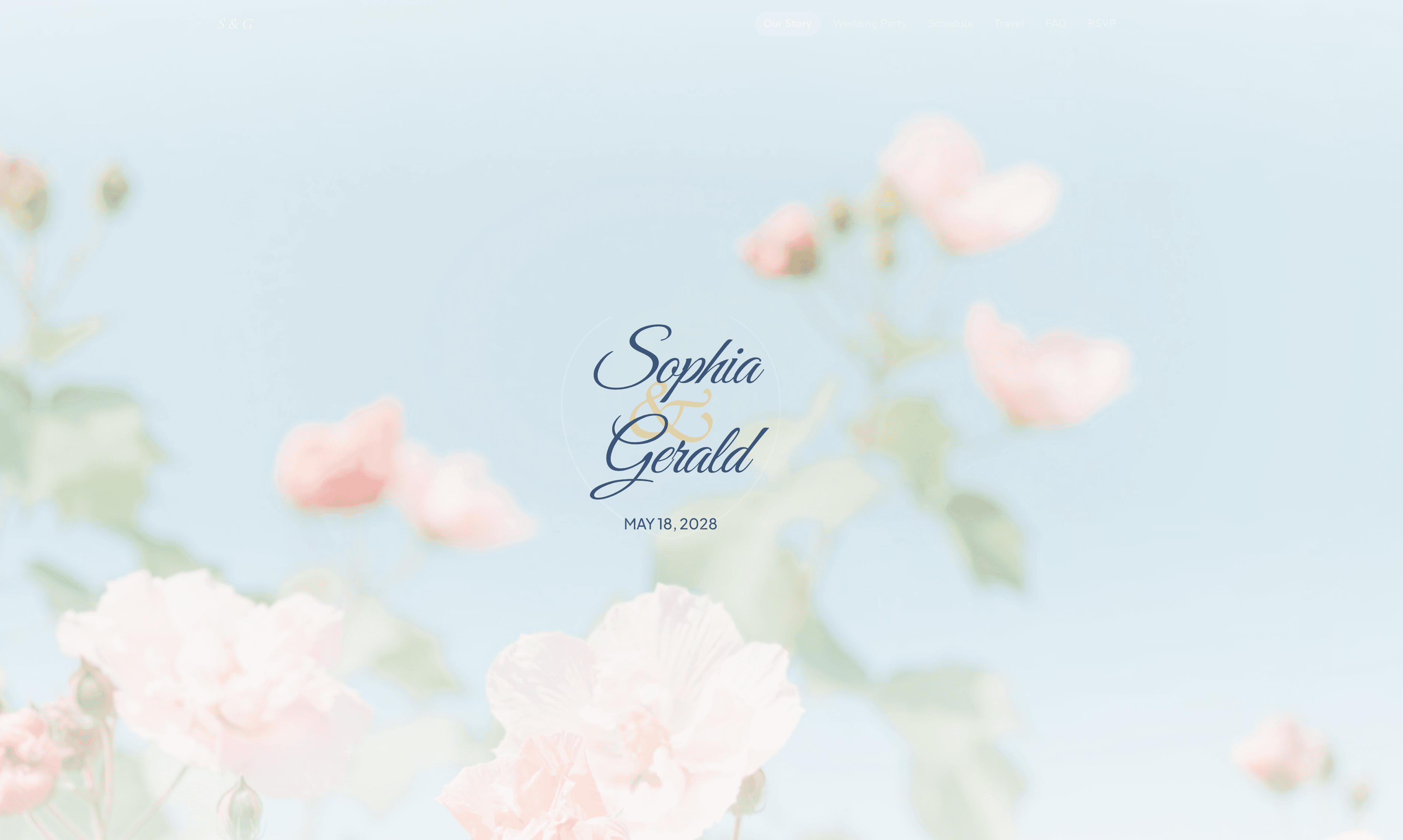 Wedding site designed for a Charleston destination wedding with soft blue and pink florals